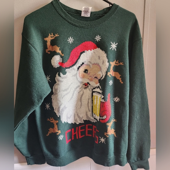 Jerzees Sweaters - Jerzees Green Holiday Sweater with Santa Design